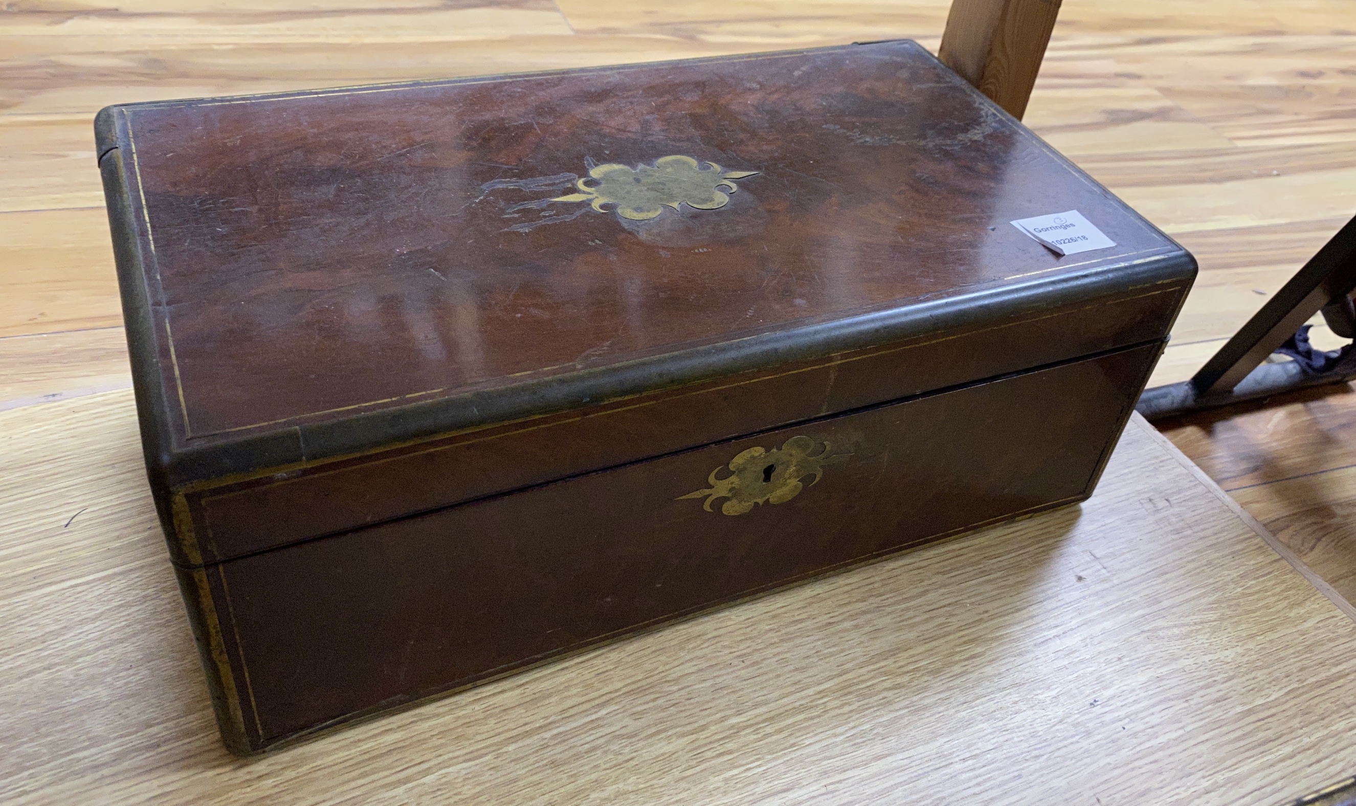 A George III mahogany and brass bound writing slope, a painted sewing box and an oak brass mounted sewing box, (3), writing slope 45cm wide x 26cm deep